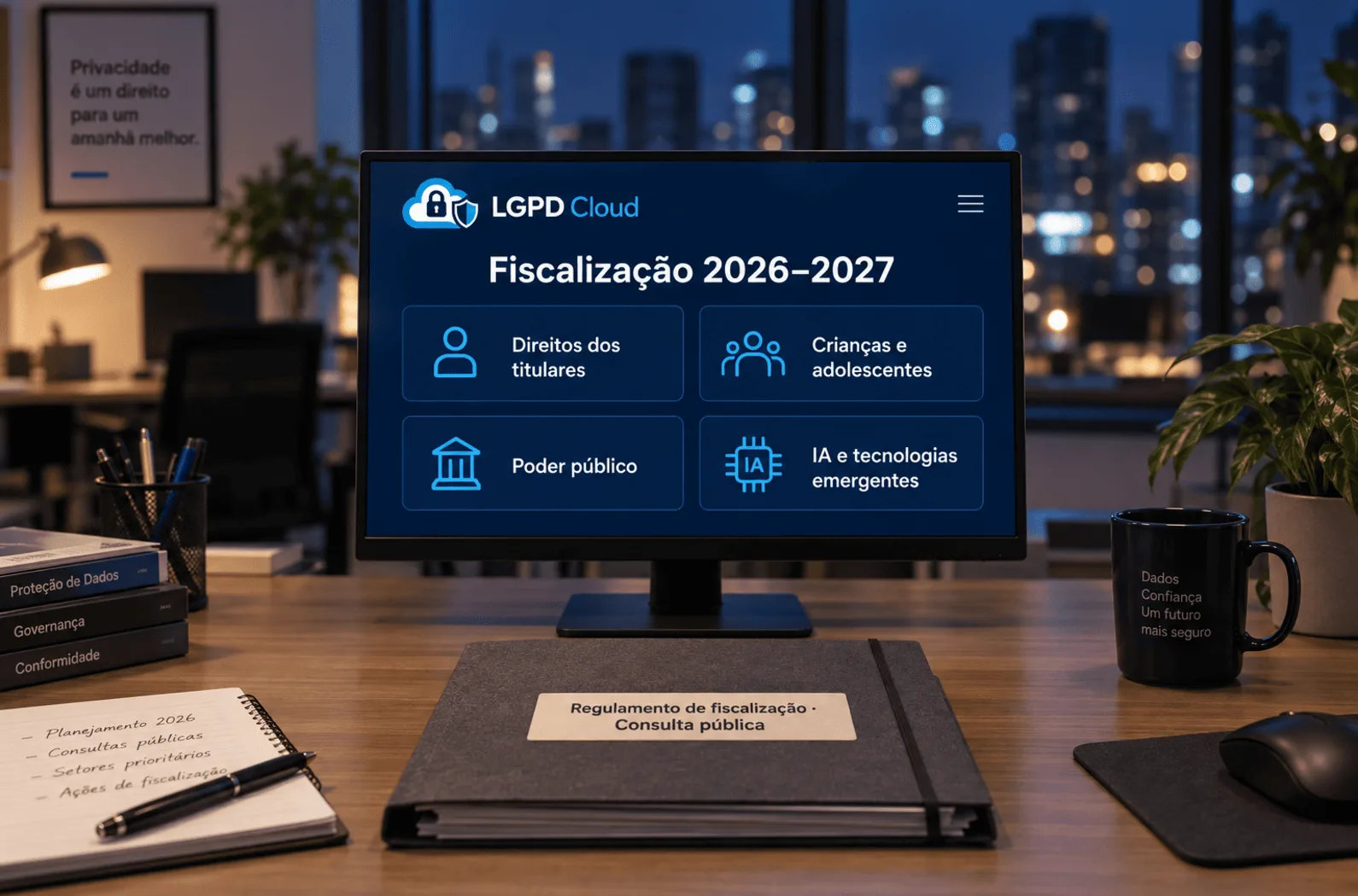 Monitor em mesa de escritório exibe painel da LGPD Cloud com os quatro temas de fiscalização 2026–2027; à frente, pasta identificada como regulamento de fiscalização em consulta pública