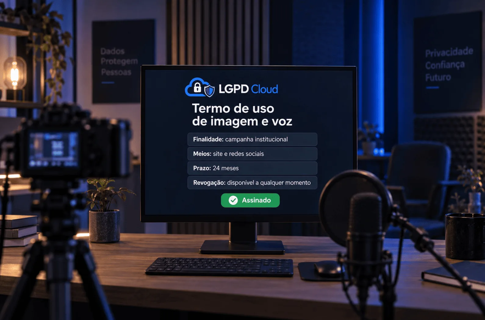 Monitor em estúdio de gravação exibe um termo de uso de imagem e voz com finalidade, meios, prazo, revogação e status assinado, ao lado de câmera e microfone