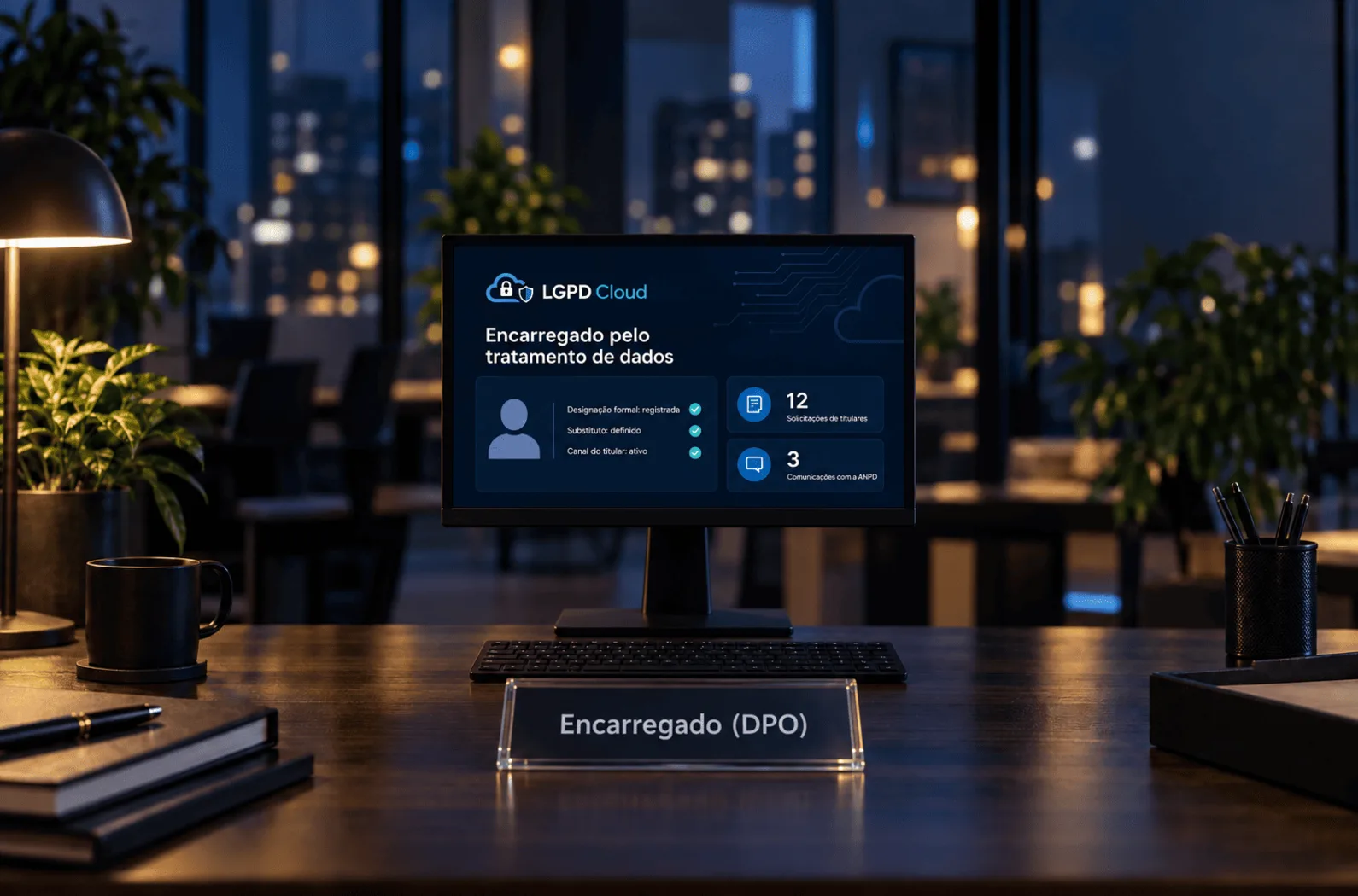Monitor em escritório exibe o painel da LGPD Cloud sobre o encarregado pelo tratamento de dados, com uma placa de mesa escrita Encarregado (DPO)