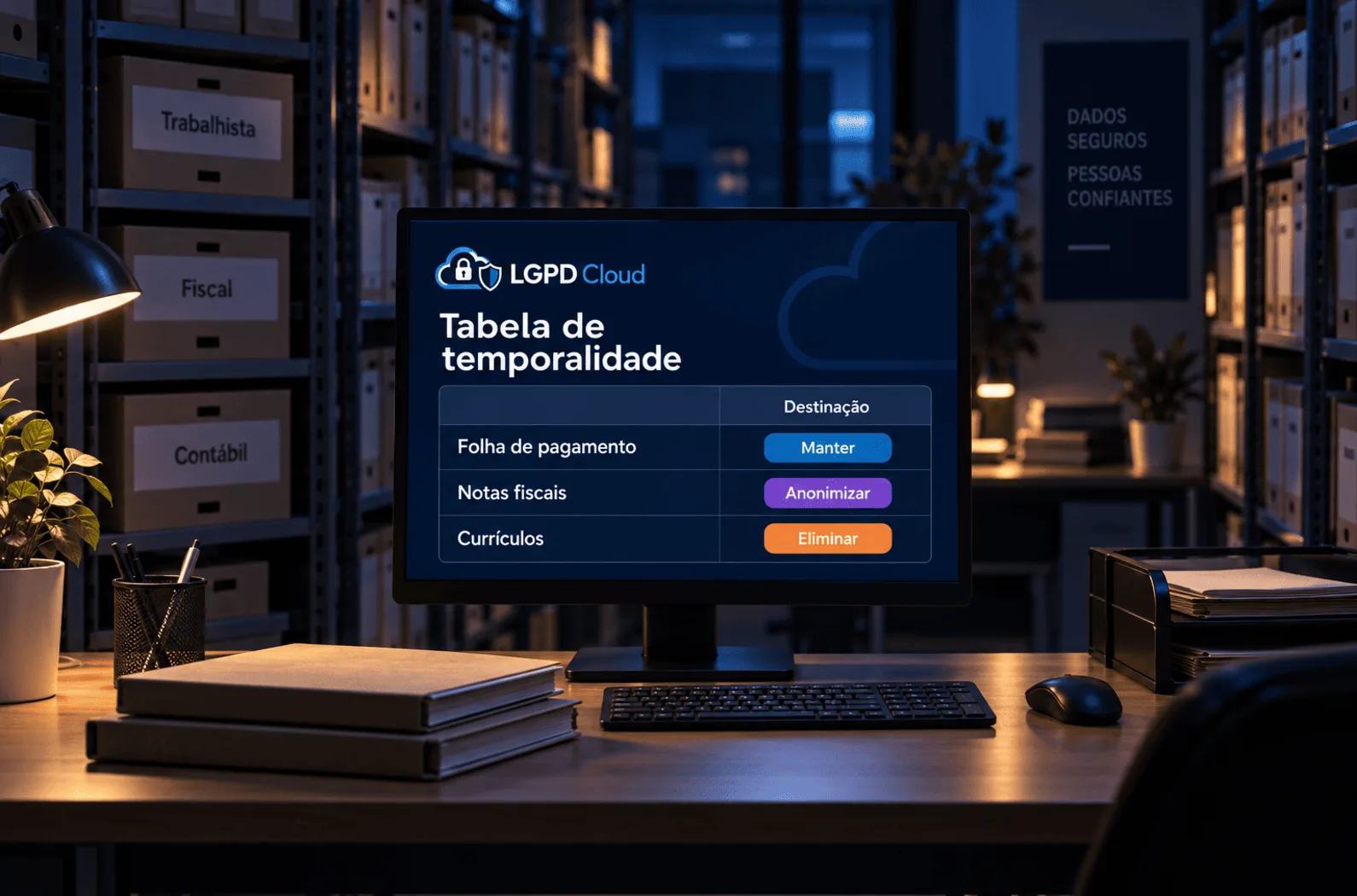 Monitor em sala de arquivo exibe uma tabela de temporalidade com folha de pagamento, notas fiscais e currículos e a destinação de cada um, entre estantes com caixas trabalhista, fiscal e contábil