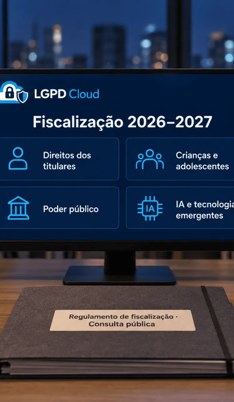 Monitor em mesa de escritório exibe painel da LGPD Cloud com os quatro temas de fiscalização 2026–2027; à frente, pasta identificada como regulamento de fiscalização em consulta pública