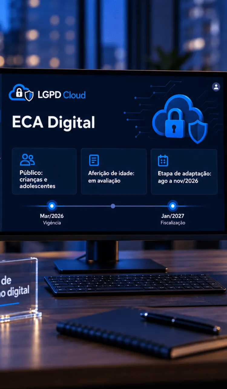 Monitor exibe painel da LGPD Cloud sobre o ECA Digital, com público, aferição de idade e prazos, ao lado de um tablet com tela de confirmação de idade e uma placa sobre proteção de crianças no ambiente digital