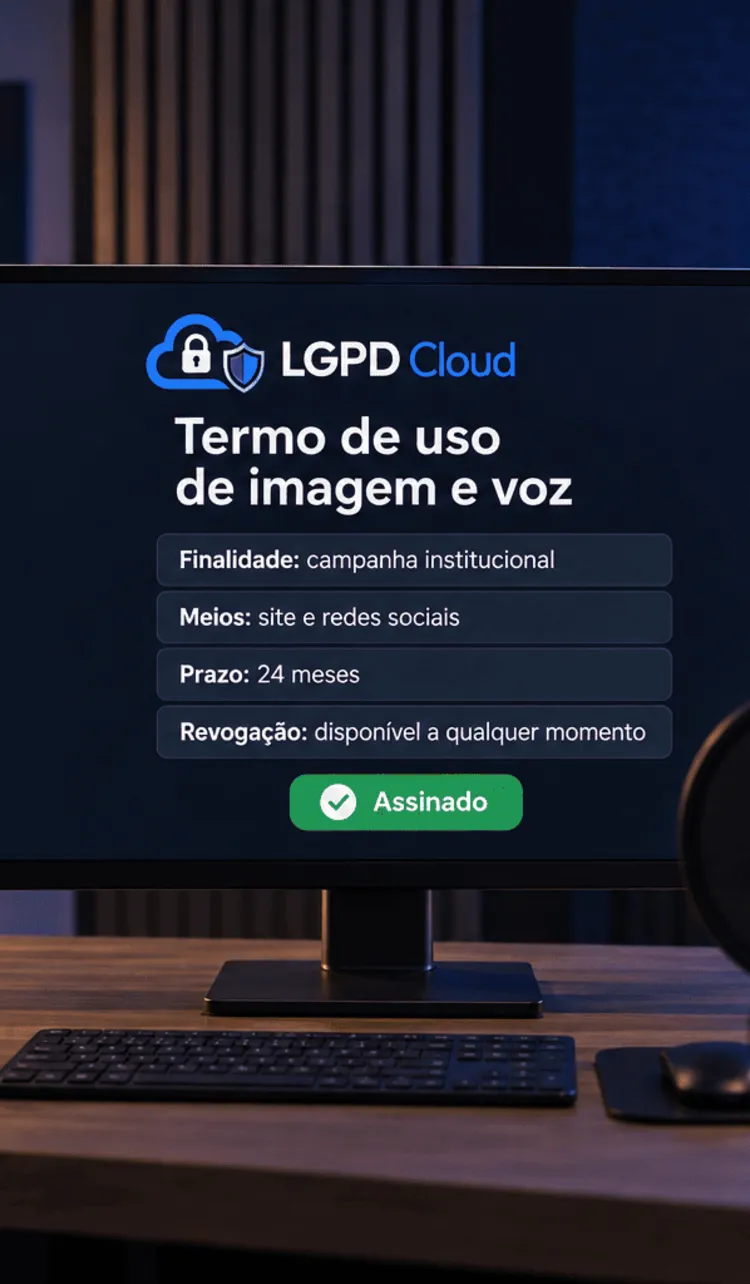 Monitor em estúdio de gravação exibe um termo de uso de imagem e voz com finalidade, meios, prazo, revogação e status assinado, ao lado de câmera e microfone