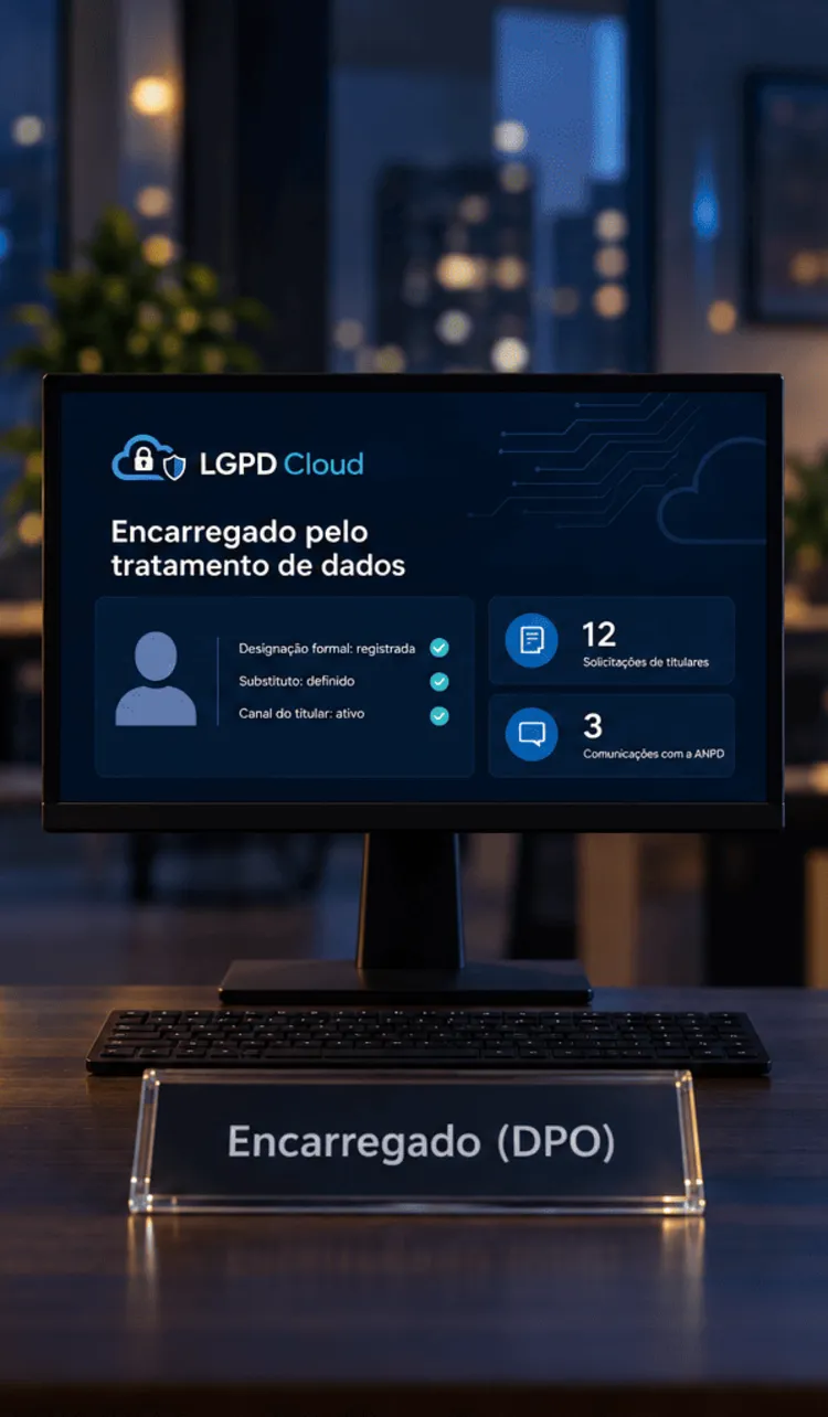 Monitor em escritório exibe o painel da LGPD Cloud sobre o encarregado pelo tratamento de dados, com uma placa de mesa escrita Encarregado (DPO)